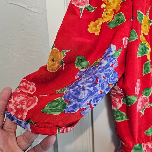 Vintage Richard Warren Silk Blouse Women Sz 10 Red Peplum 80s Glam Floral Girly - Picture 5 of 9
